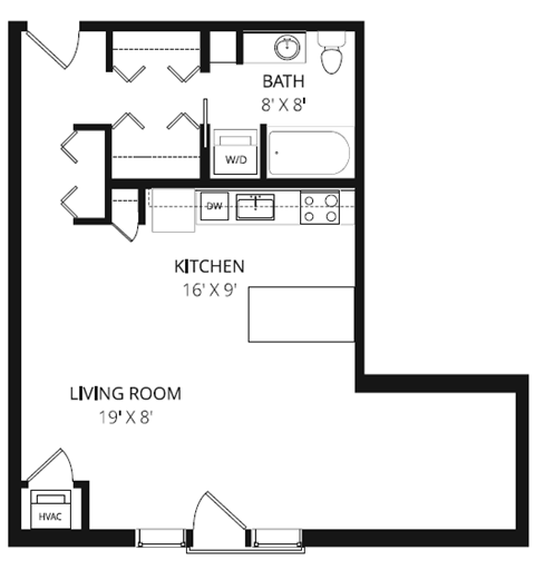 Floor plan for studio, 676 sqft